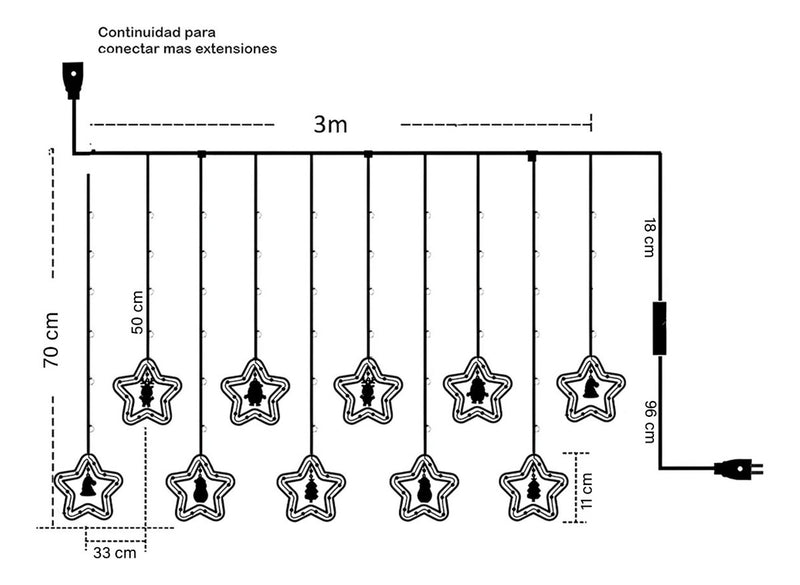 Cortina Intercalada Estrellas 3m Luz Navidad 100 Leds